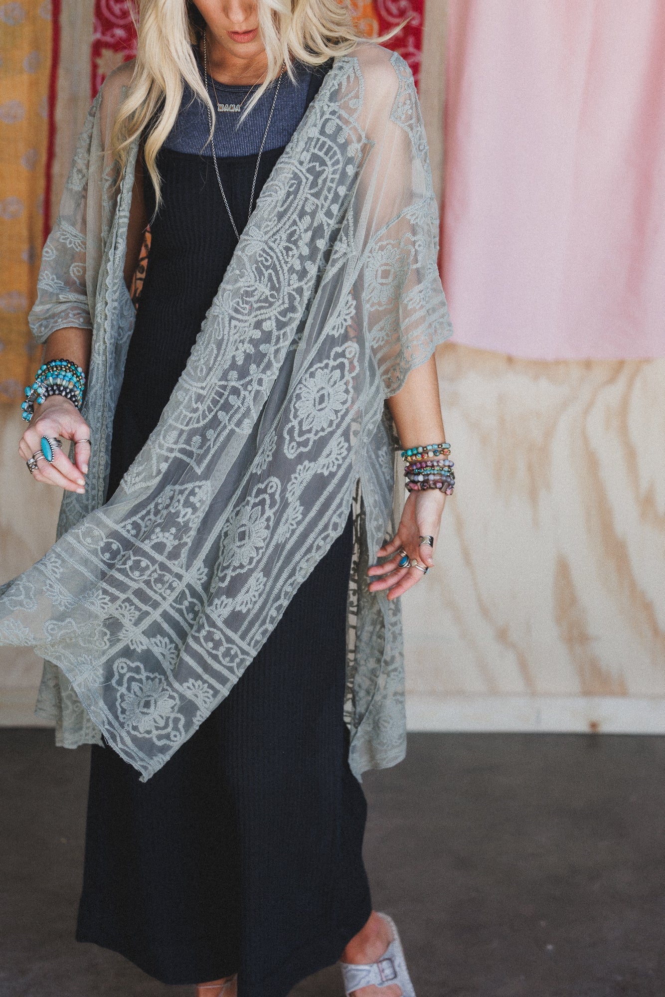 Go Wildflower Floral Embroidered Kimono - Sage