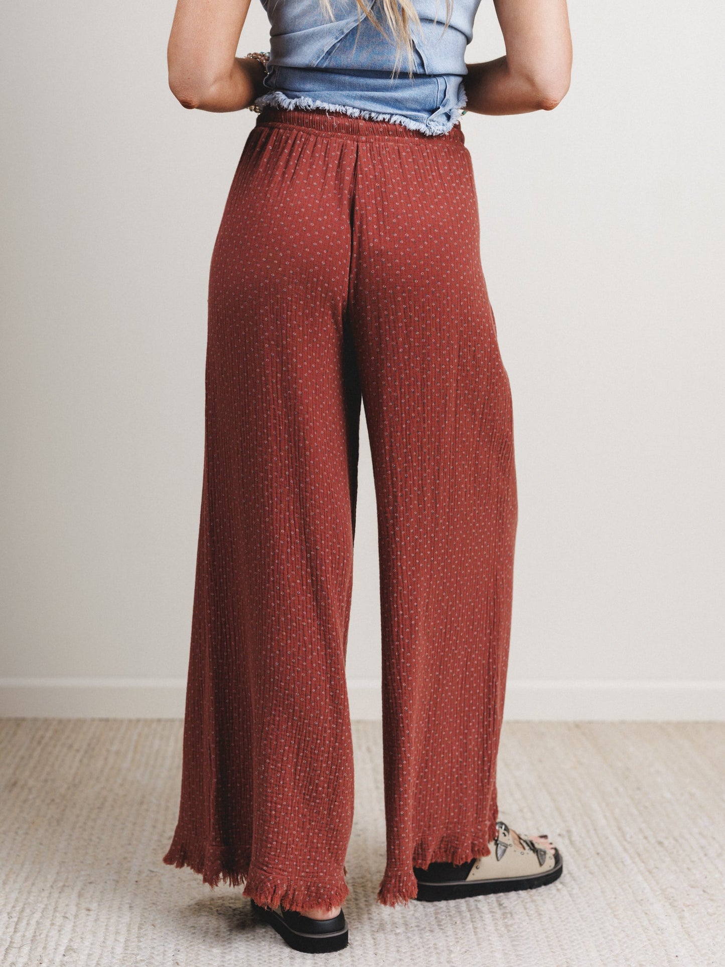 The Nest Sandra Wide Leg Ruffle Pant - Teracotta