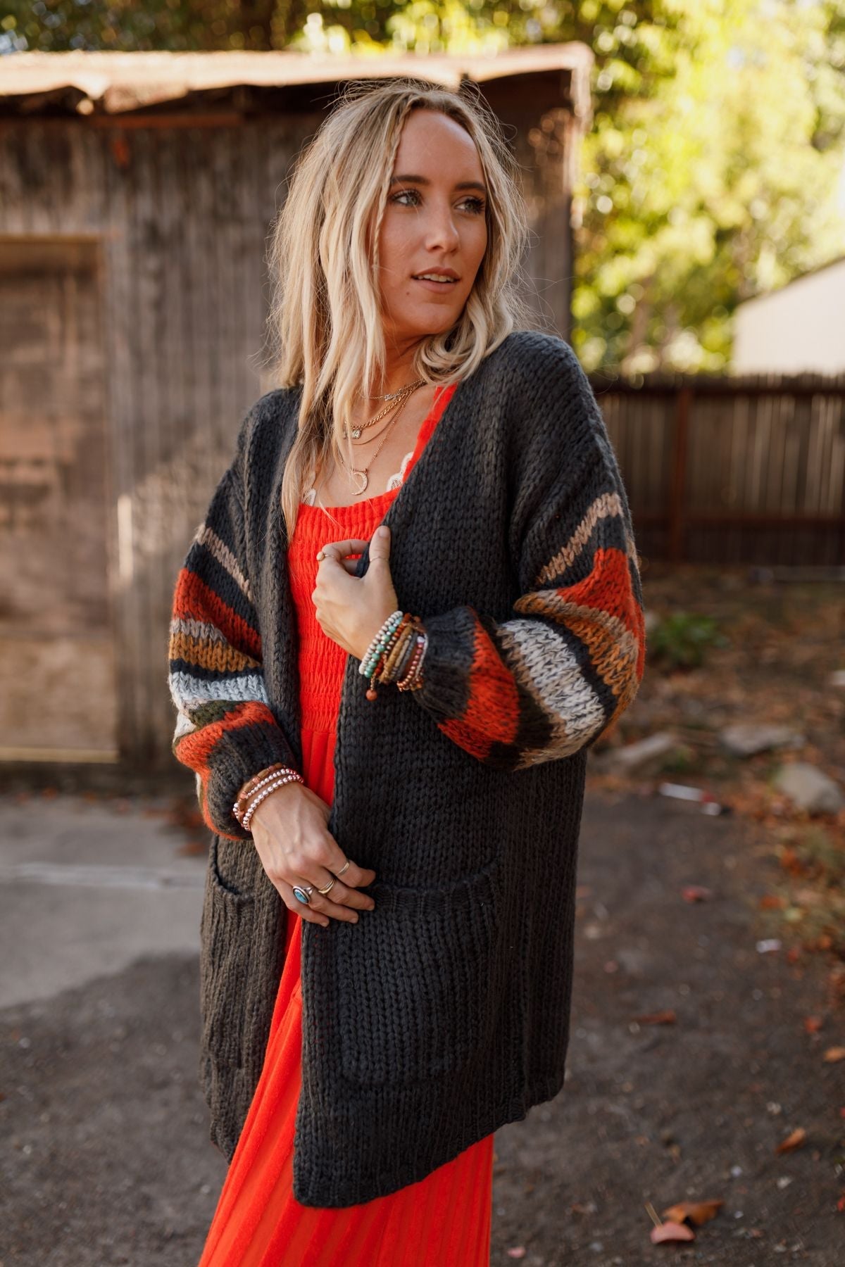 Danny Striped Sleeve Cardigan - Charcoal