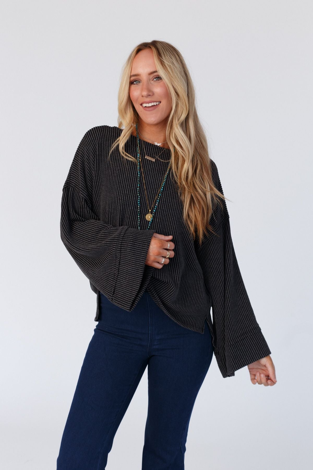 The Nest Love It Round Neckline Textured Top - Charcoal
