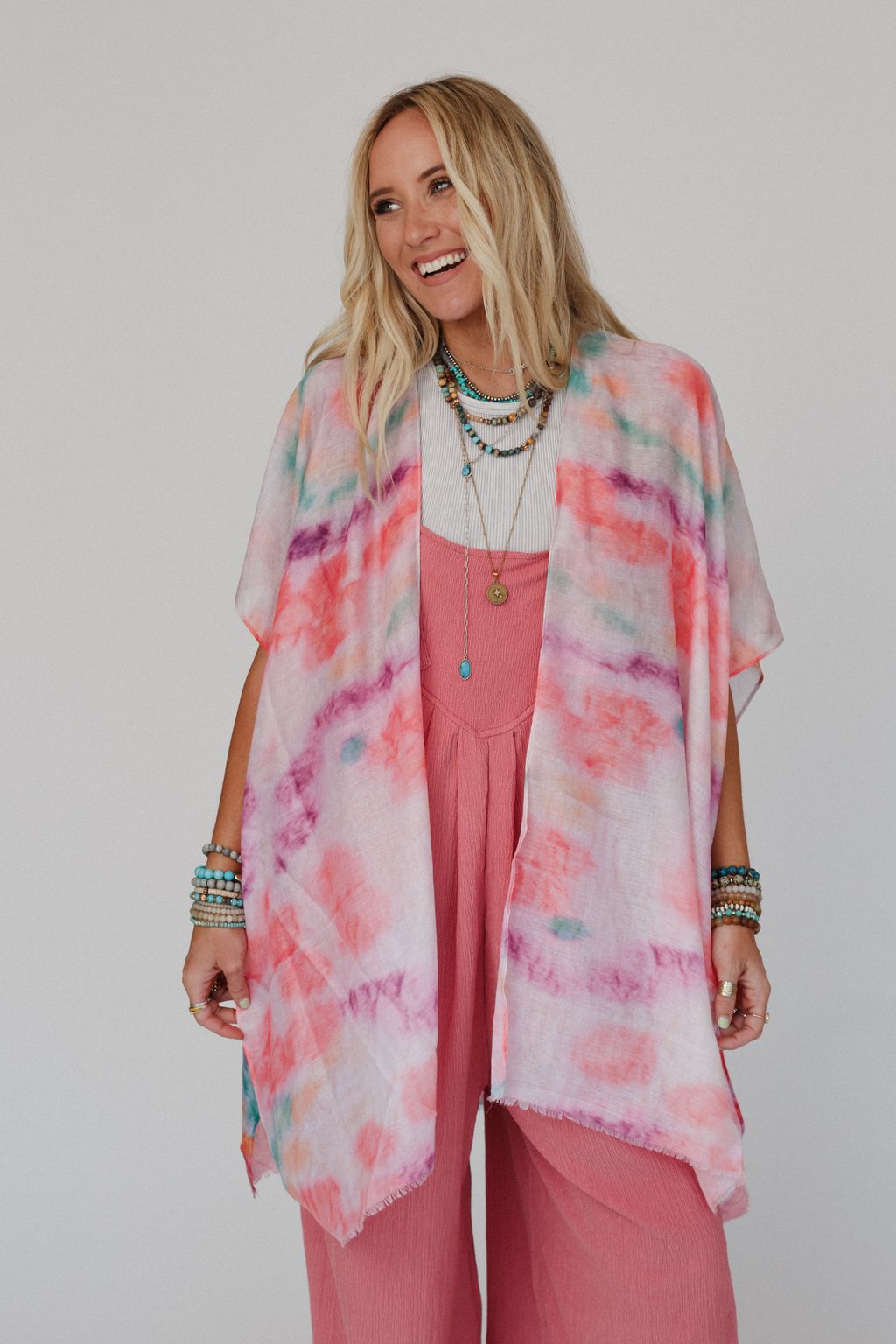 Swirling Sky Kimono - Coral