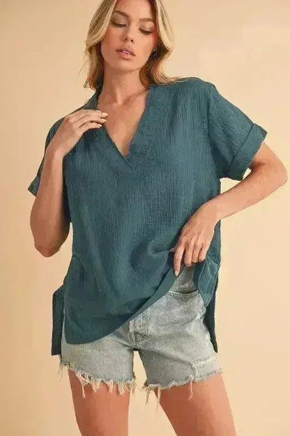 Side Slit V-Neck Blouse - Chic 100% Cotton Top | Femstylo