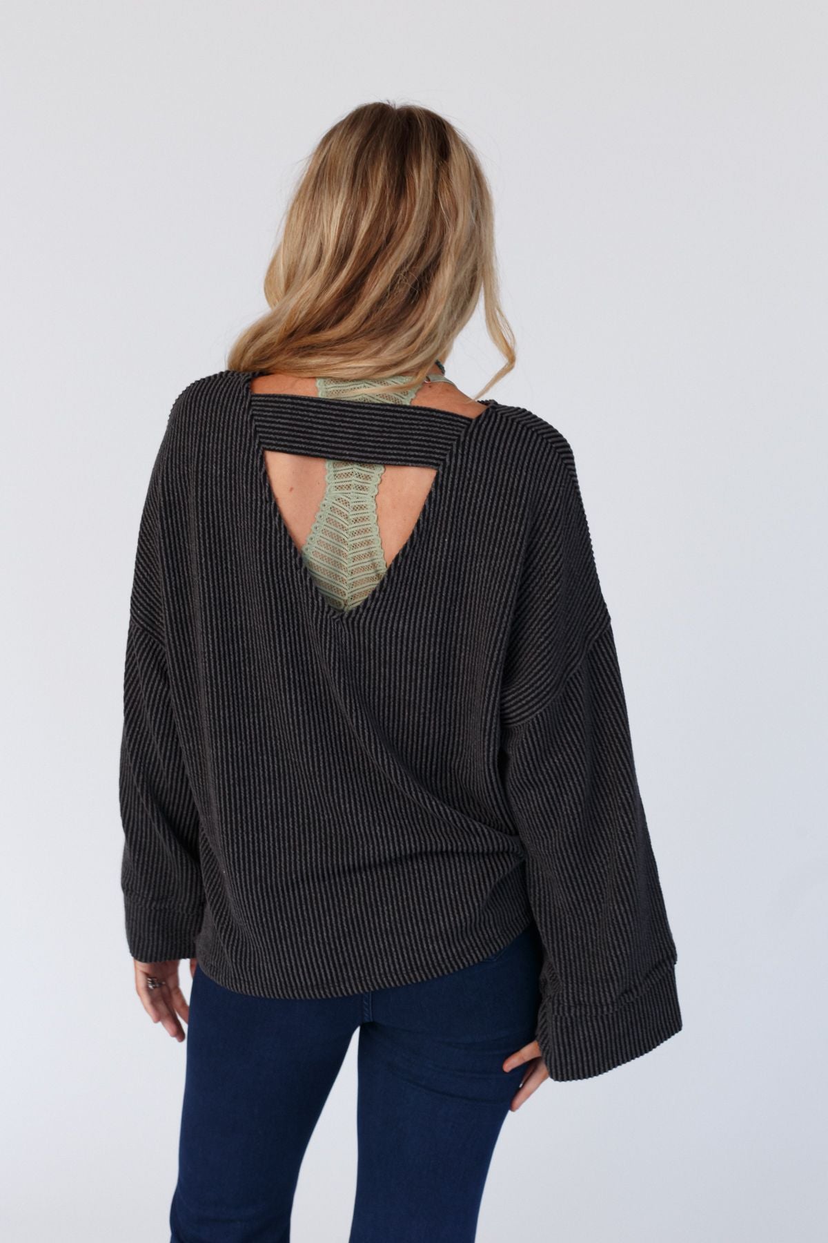 The Nest Love It Round Neckline Textured Top - Charcoal