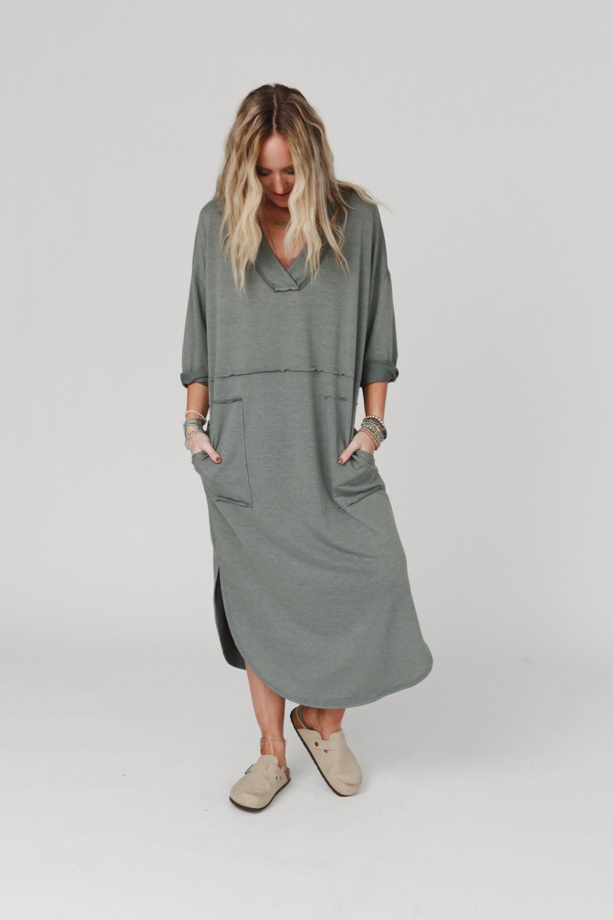 The Nest Meadow Long Sleeve Slit Maxi Dress - Light Olive