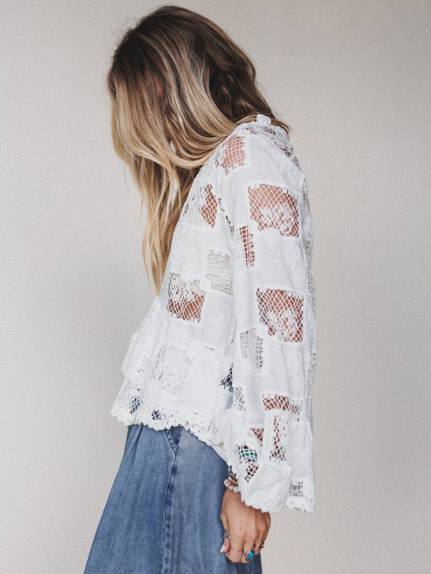Eyelet Garden Bell Sleeve Blouse - Cream