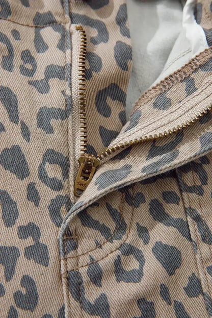Blue Leopard Print Drawstring Waist Pocketed Wide Leg Jeans