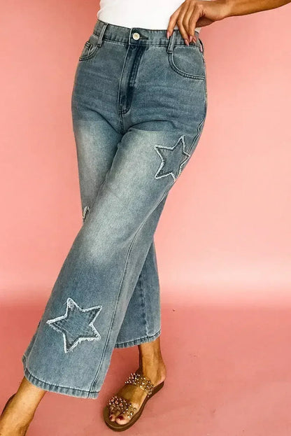 Stone Blue Star Patchwork Light Wash Wide Leg High Waist Jeans