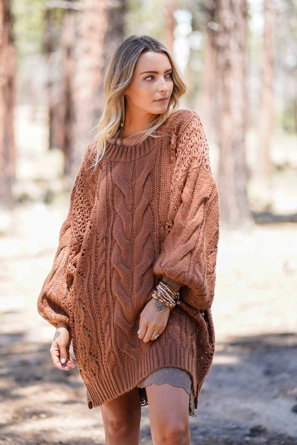 Golden Hour Bubble Sleeve Sweater Dress - Mocha