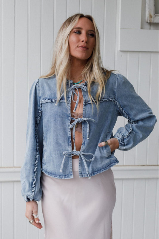 Adrian Tie Front Denim Jacket - Light Denim