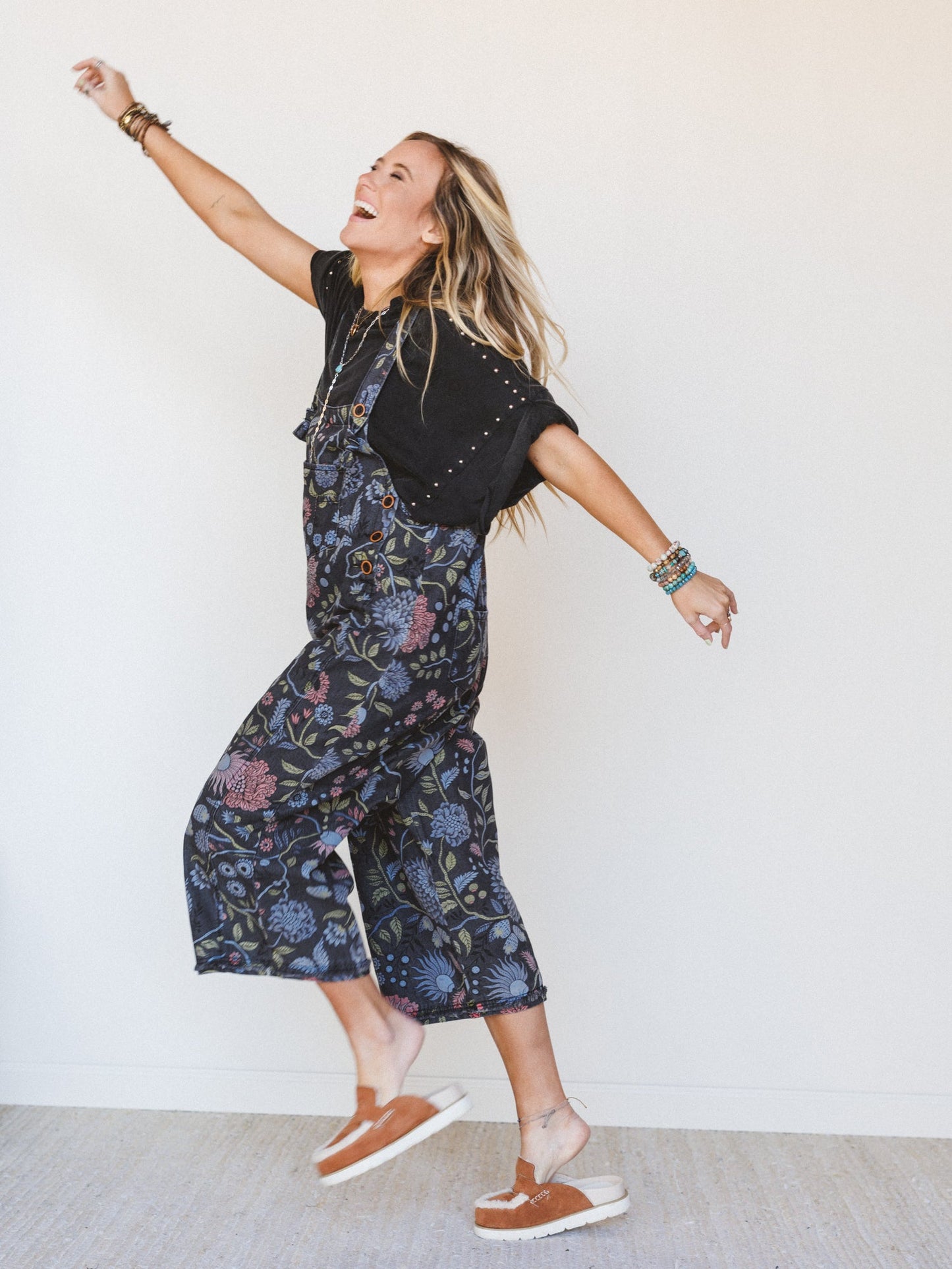 High Hopes Slouchy Denim Overalls - Floral Black Denim