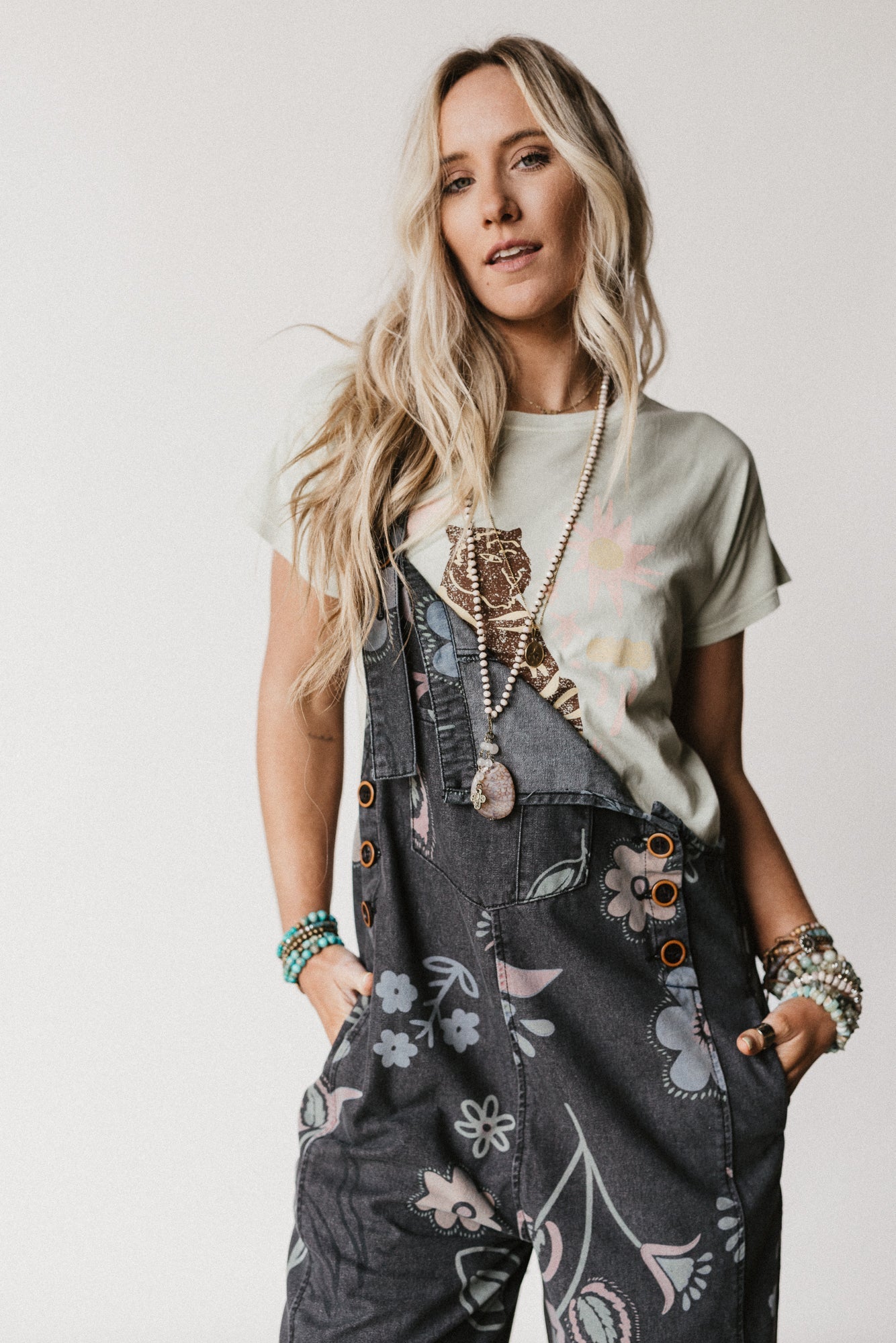 High Hopes Slouchy Pocket Denim Overalls - Black Artsy Floral