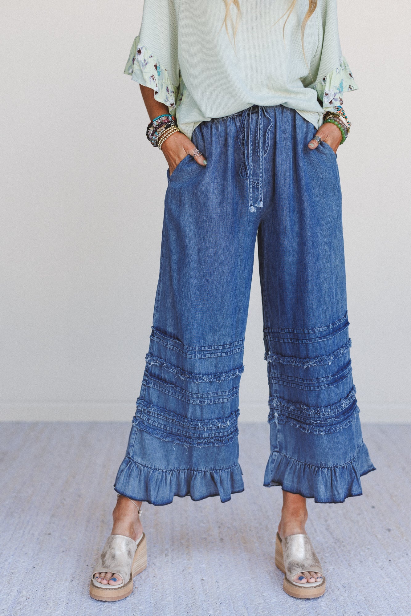 Endless Journey Ruffled Hem Pants - Blue