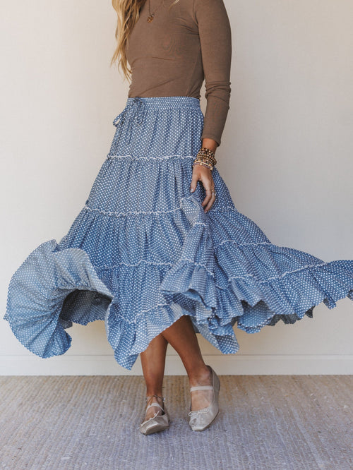 Polka Dot Darling Maxi Skirt - Denim