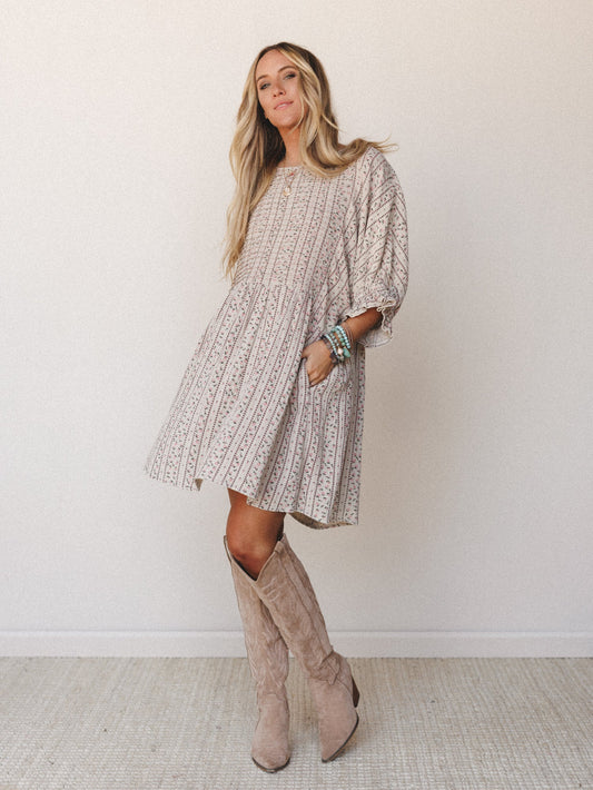 Quinn Puff Sleeve Mini Dress Floral - Sage Grey