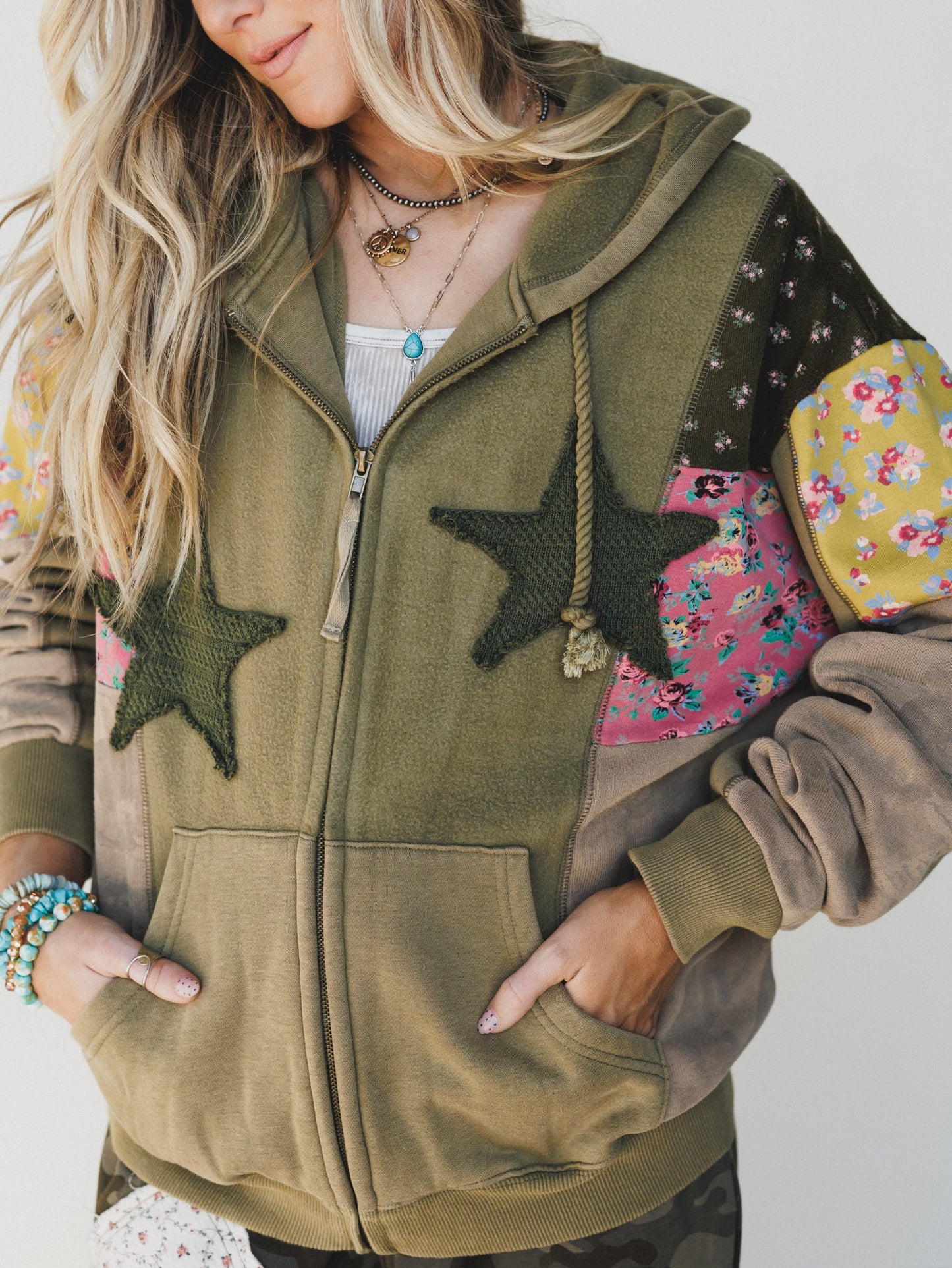 Stars on the Double Zip Up Hoodie - Faded Olive