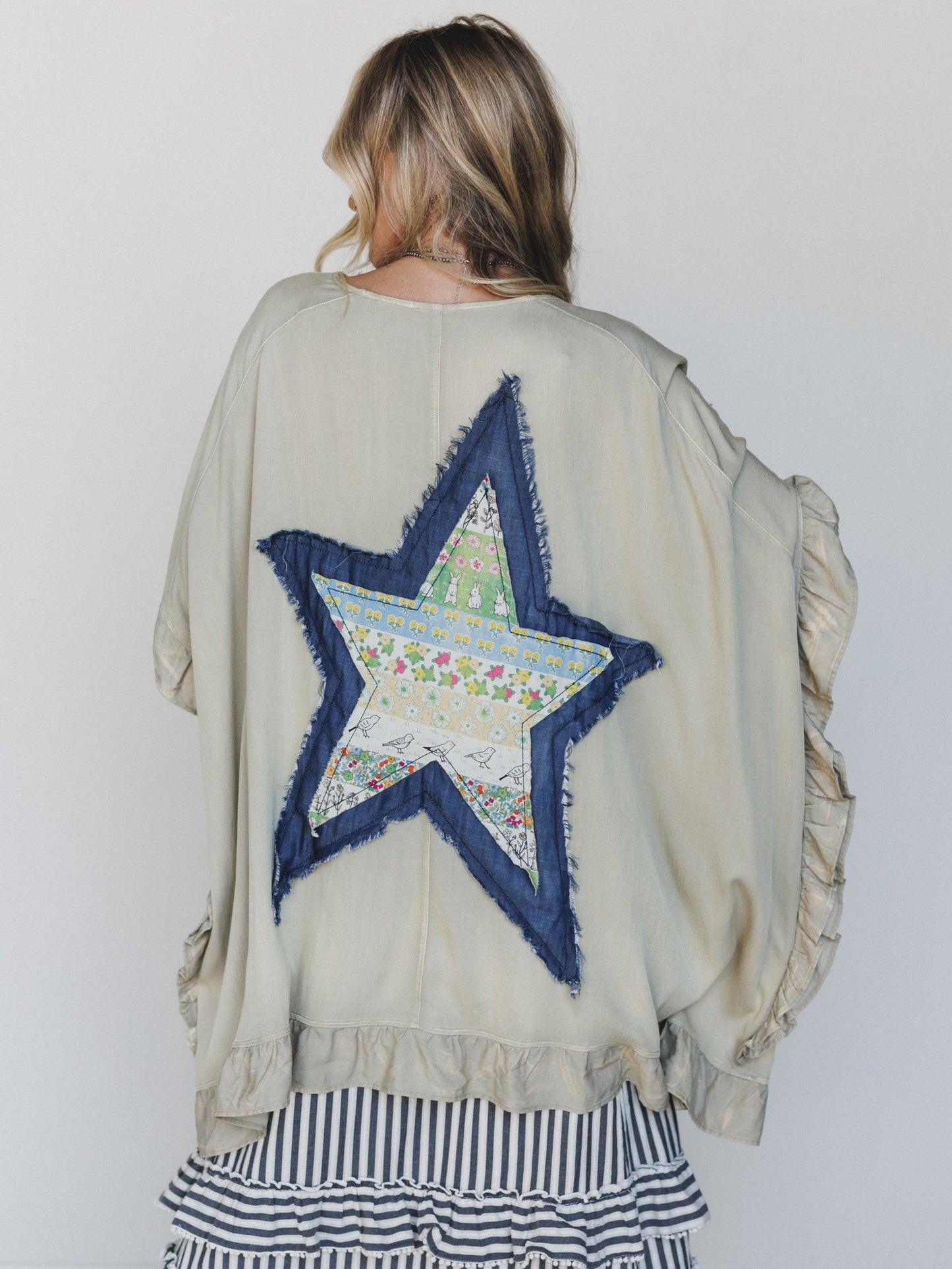 Robbie Star Patchwork Denim Jacket - Sage Grey