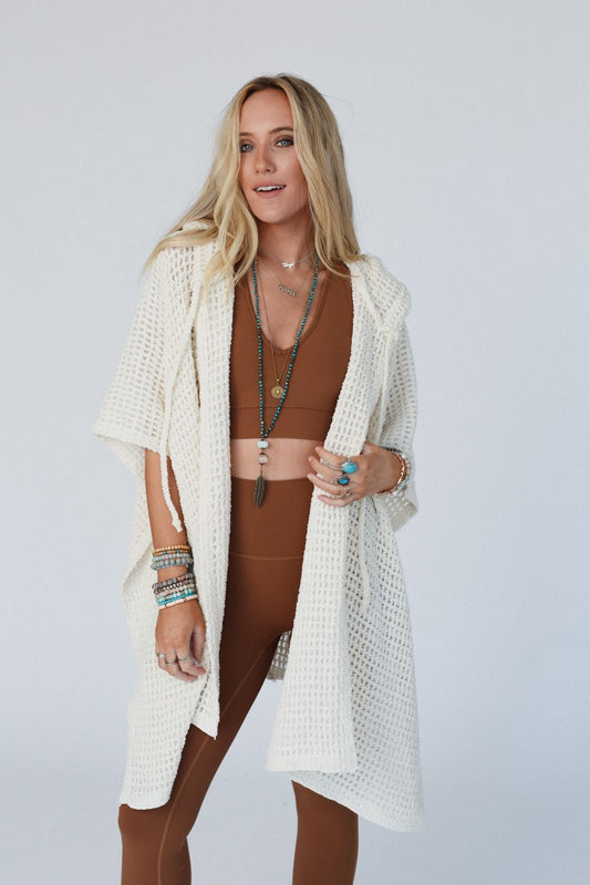 By The River Hooded Waffle Ruana - Ivory