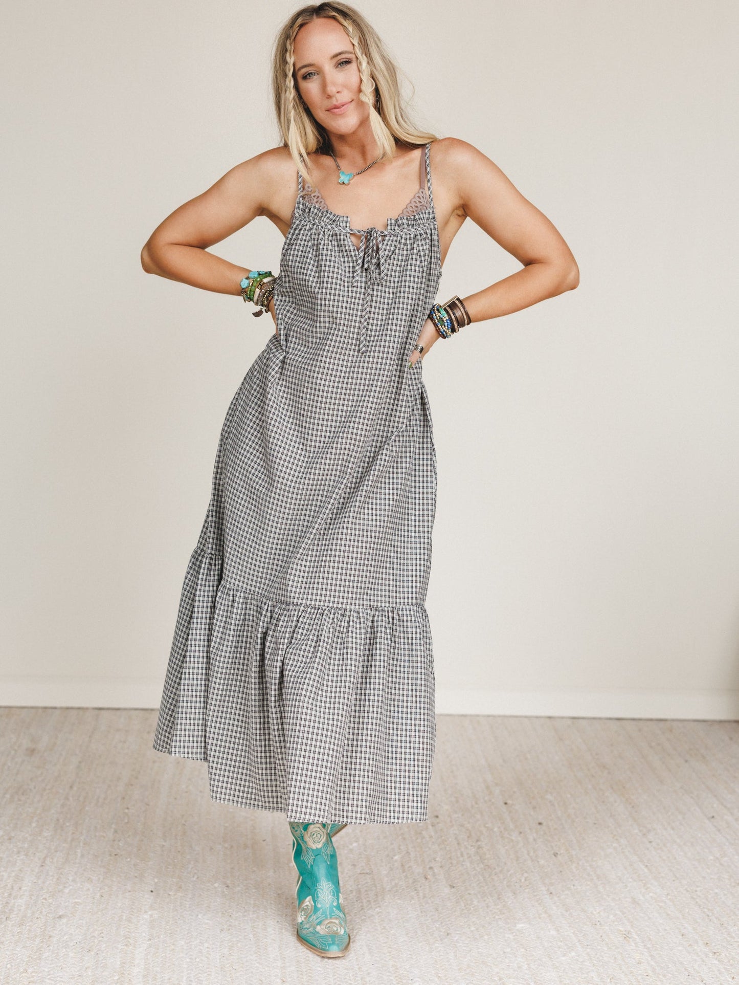 Sweet Tea Gingham Print Dress - Grey