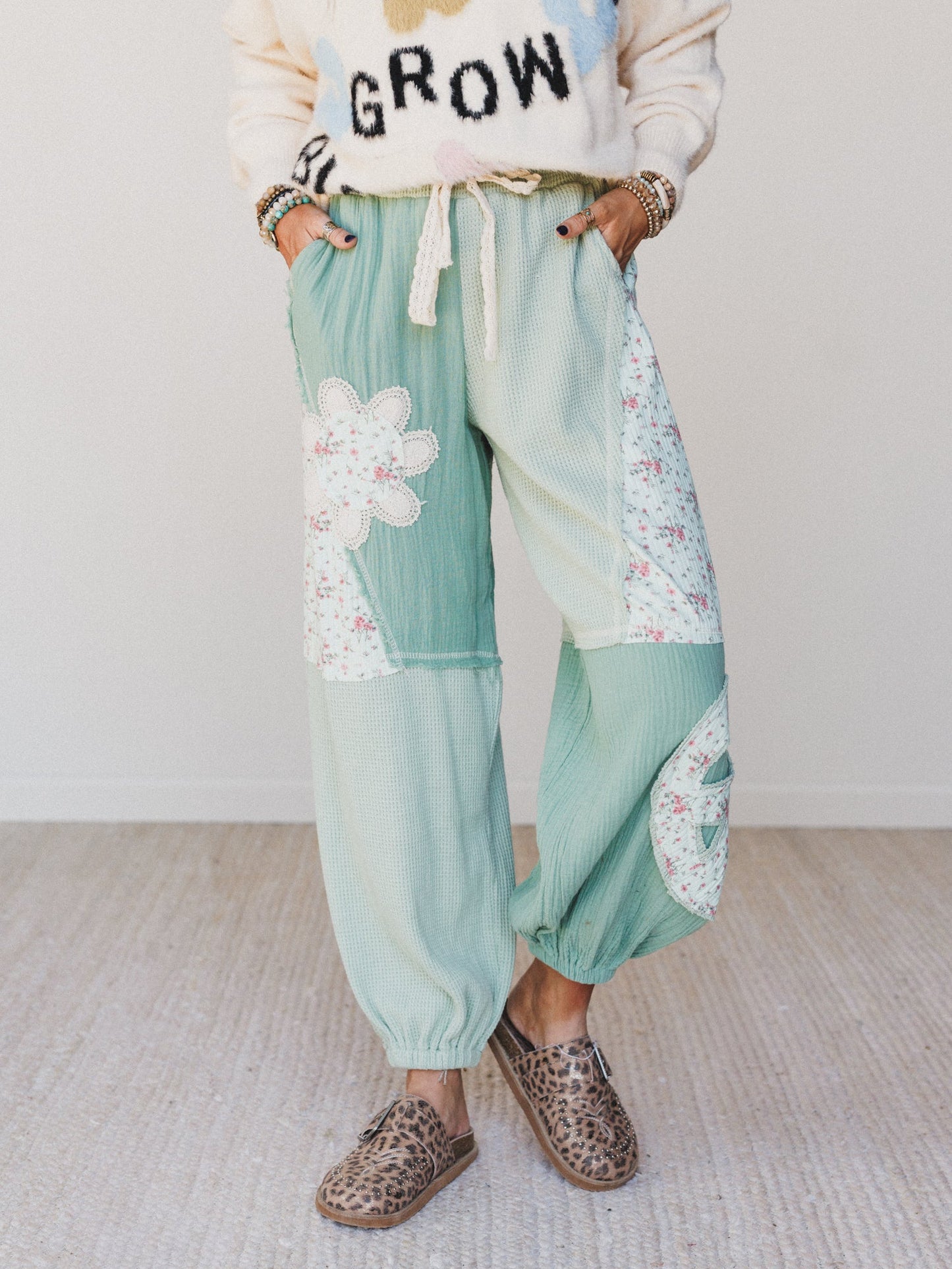 Cool Girl Patch Work Pants - Mint Green