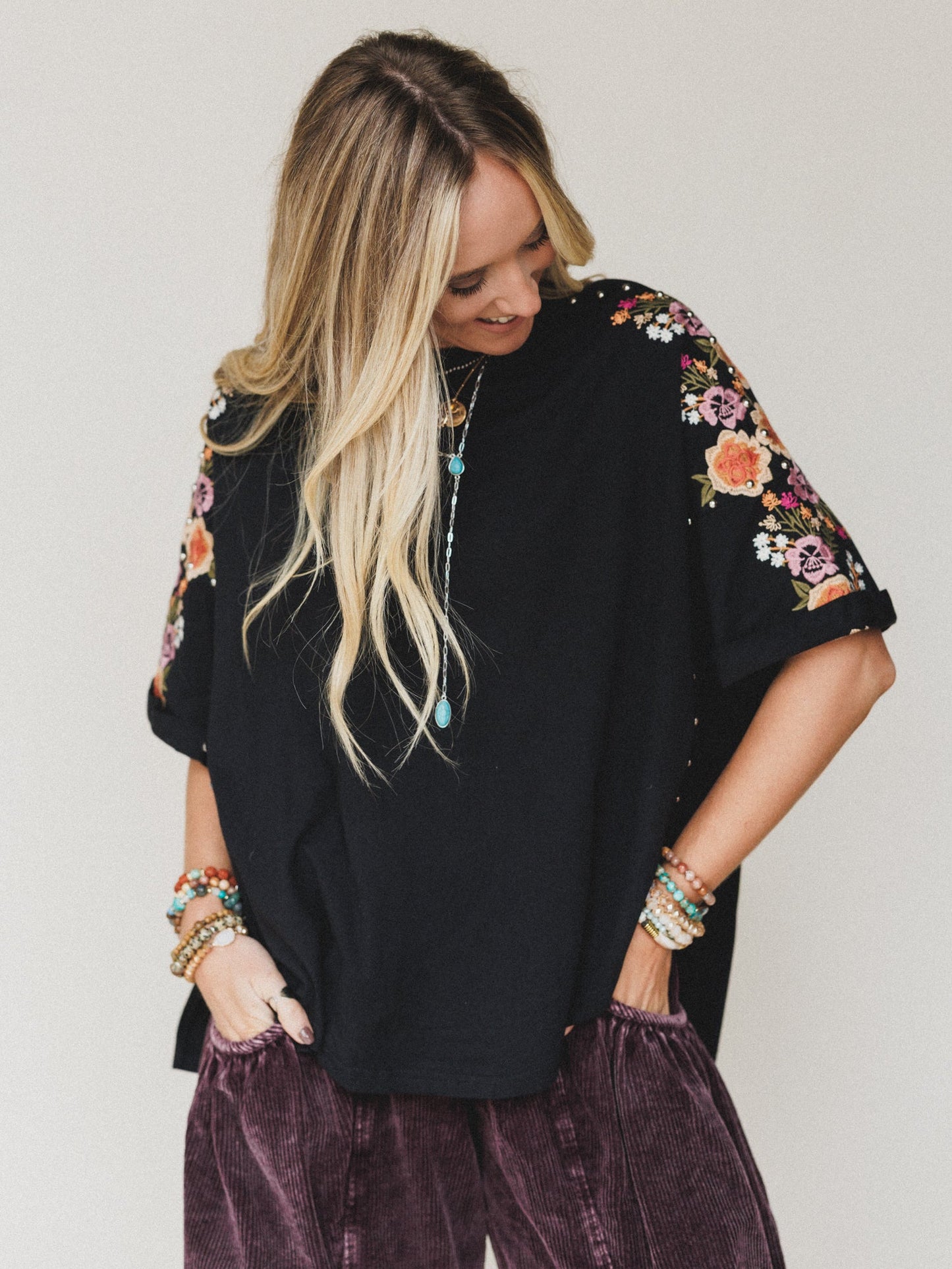 Tomcat Studded High Low Top - Black Floral Embroidery