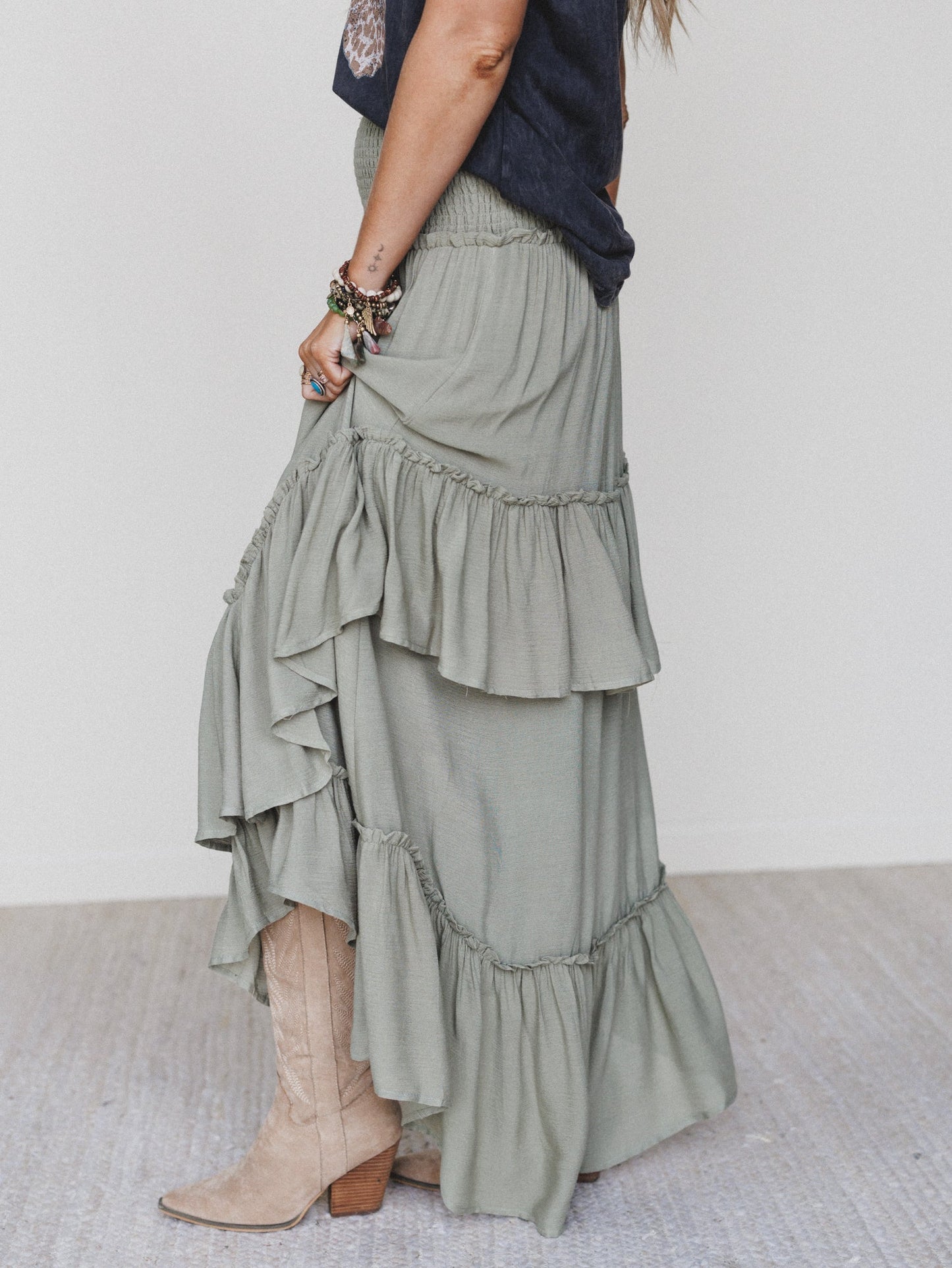 Washed Ashore Ruffled Maxi Skirt - Olive