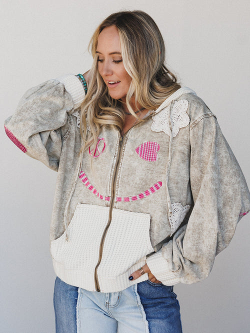 Emblems Of Love Zip Up Hoodie - Dusty Coco