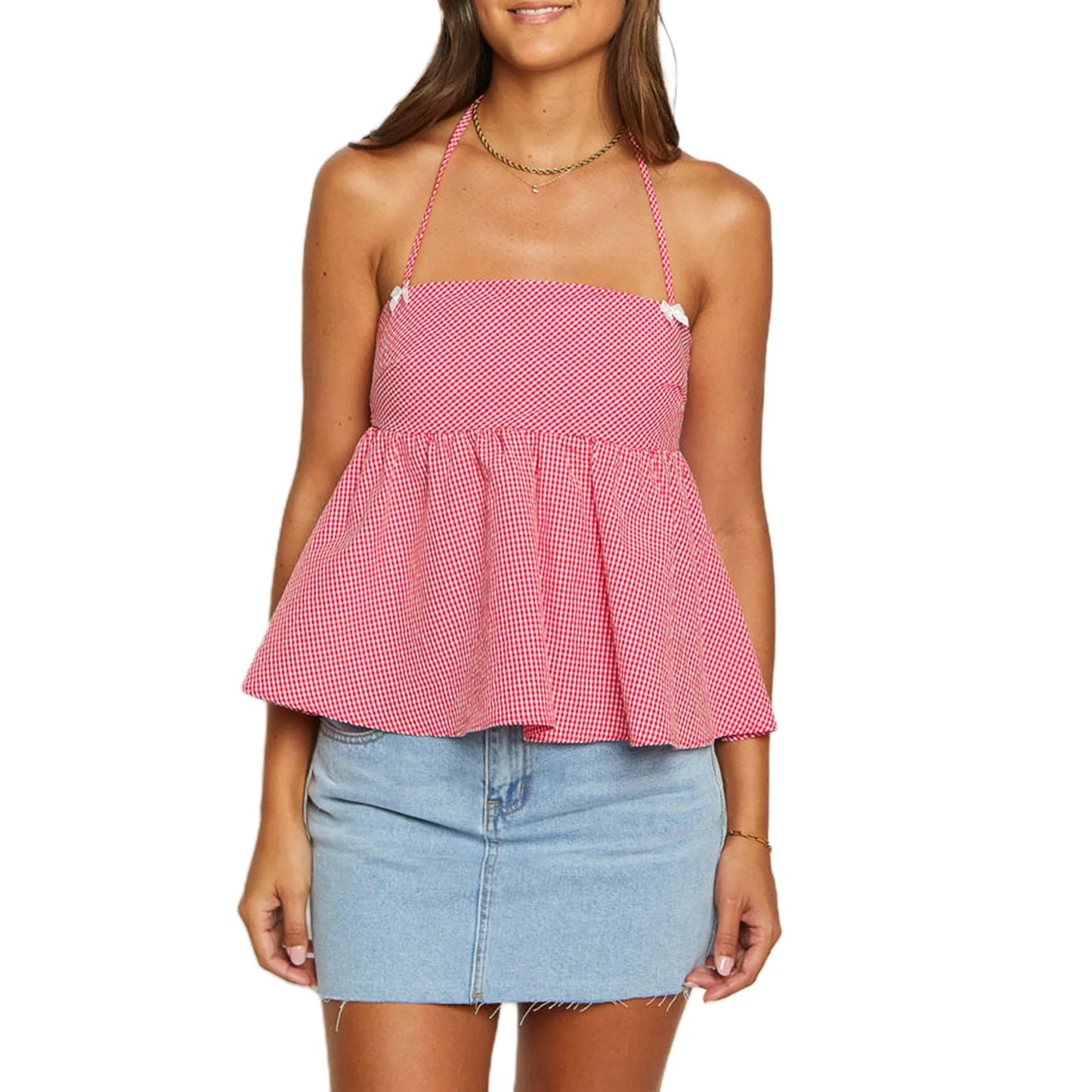Gingham Halter Tie-Up Crop Top