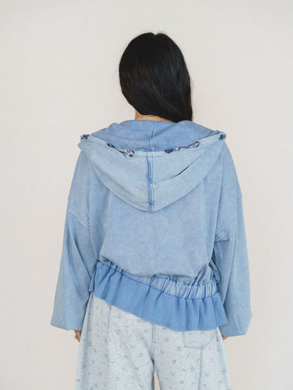 Wistful In Ruffles Zip Up Hooded Jacket - Blue