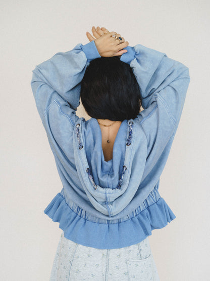 Wistful In Ruffles Zip Up Hooded Jacket - Blue