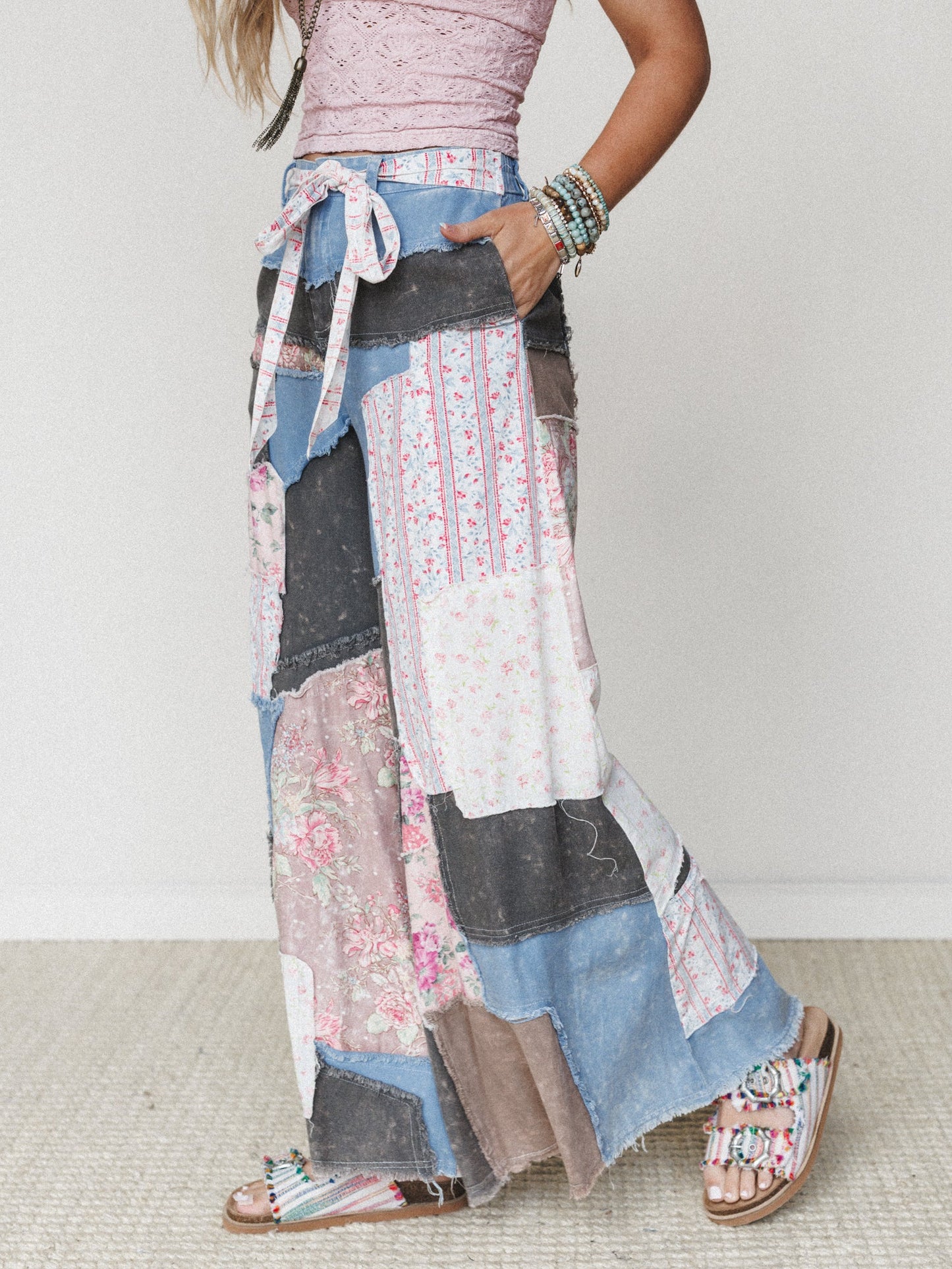 Peony Patchwork Pants - Blue
