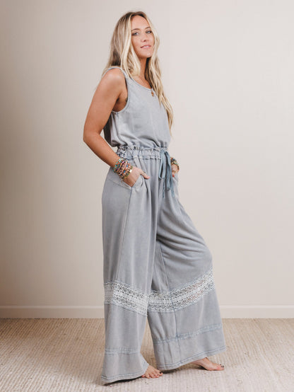 Country Sunshine Crochet Wide Leg Jumpsuit - Blue
