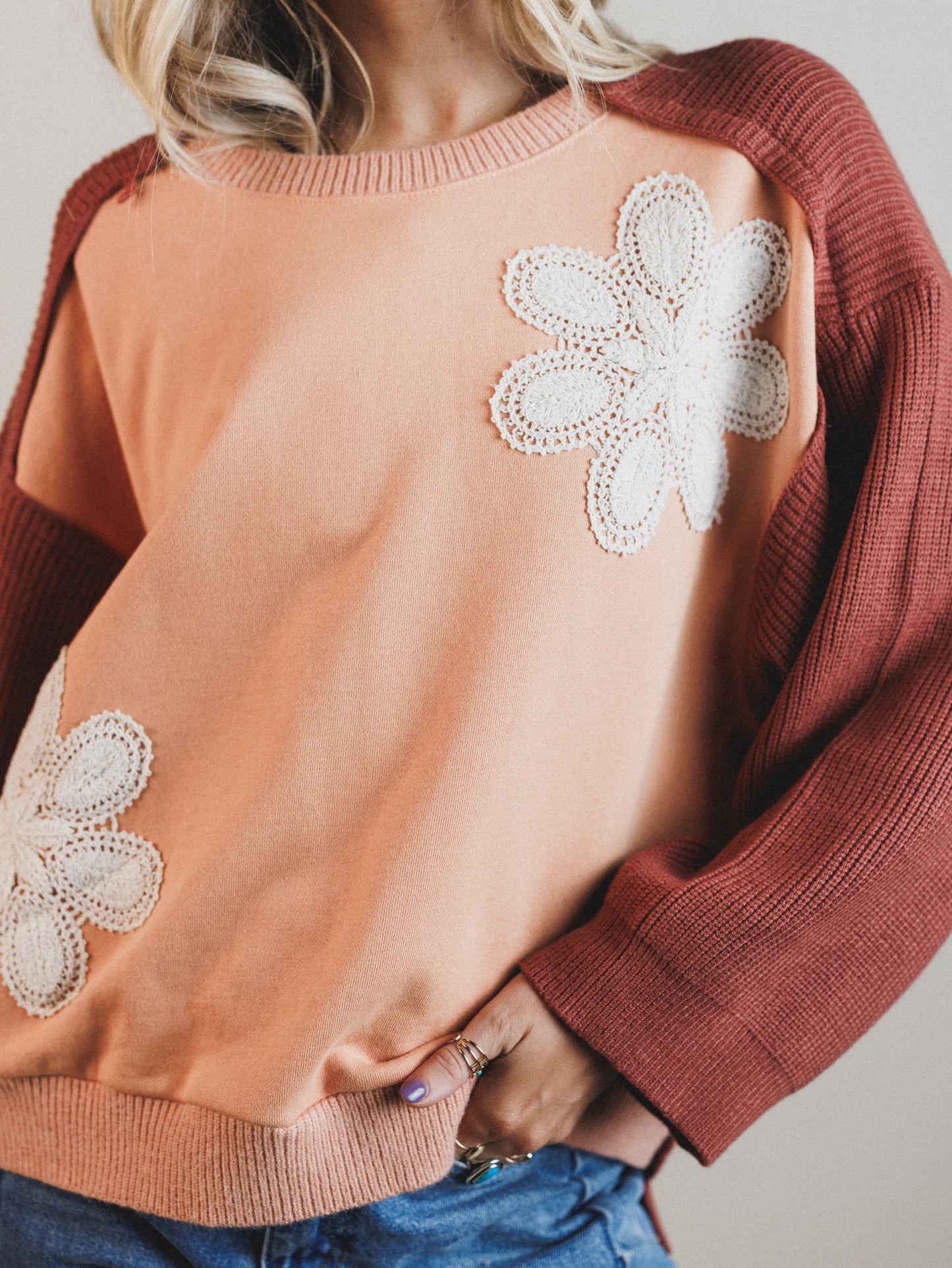 Floral Stitch Color Block Top - Peach