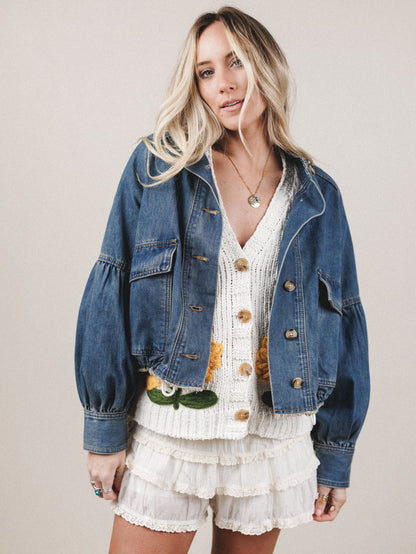 Balloon Sleeve Button Down Jacket - Denim