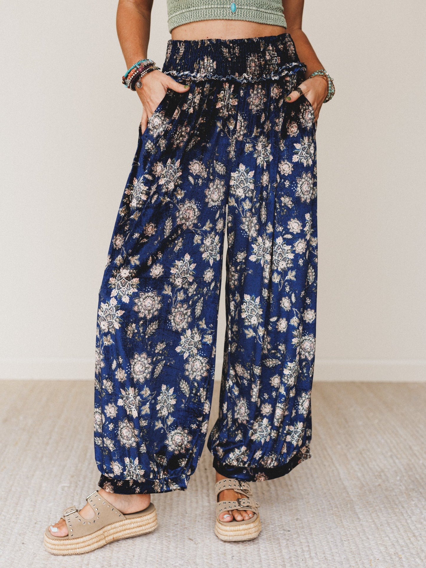 The Nest Gather Together Velvet Wide Leg Pants - Navy