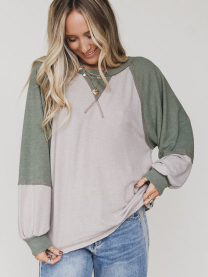 The Nest Jules Contrast Pullover Top - Taupe Olive