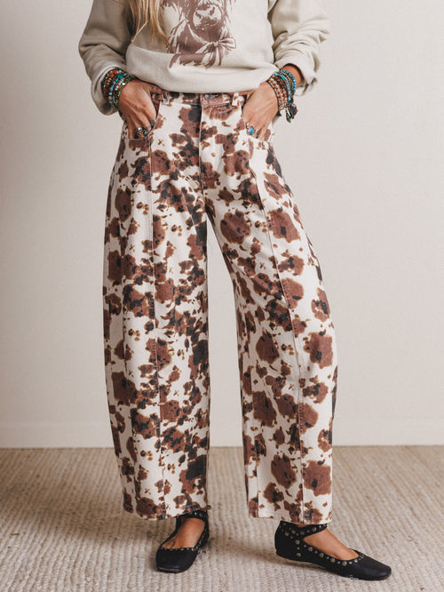 Belle Cow Print Barrel Jeans - Brown