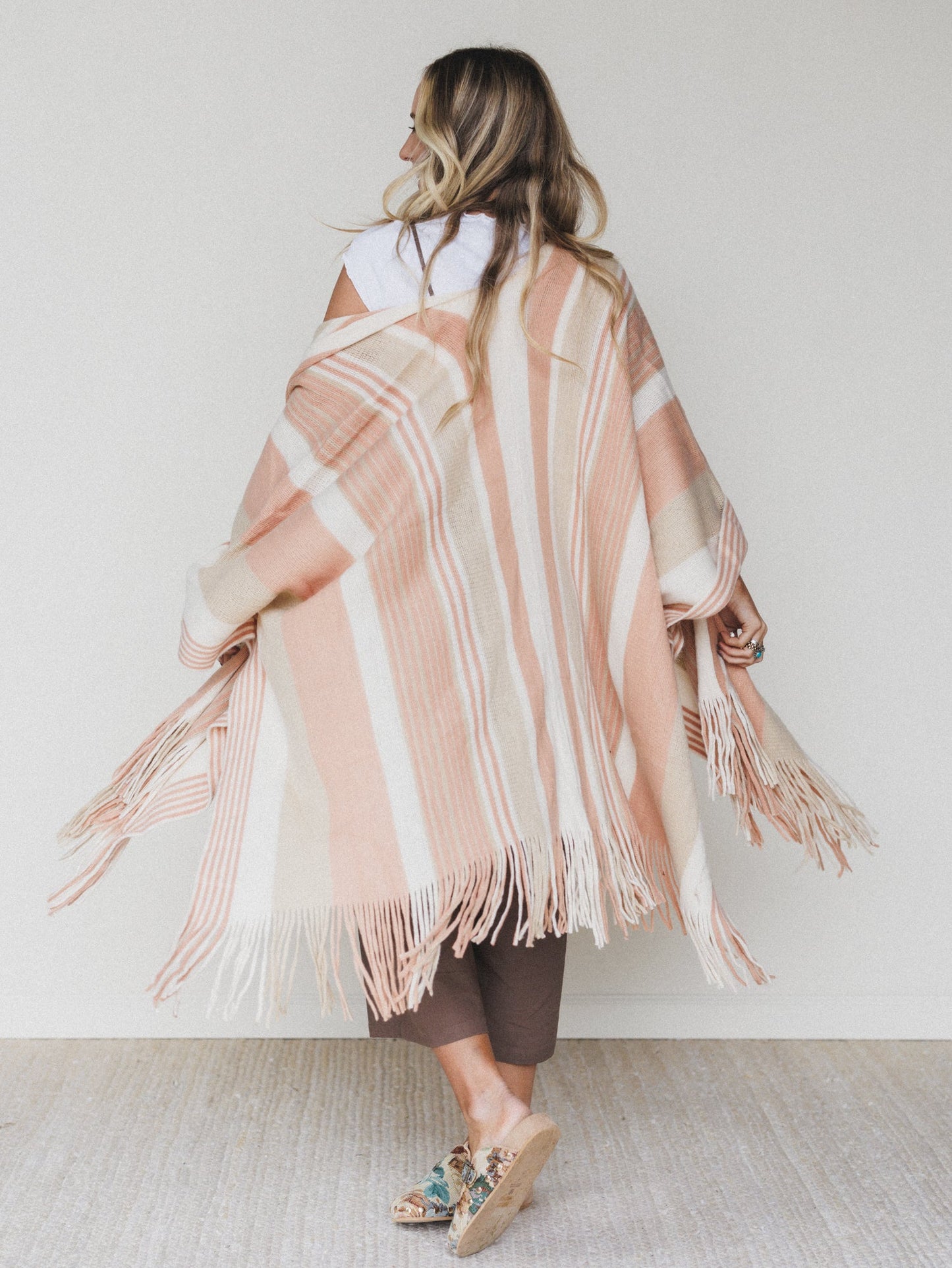 Sweet Love Striped Ruana Shawl - Beige