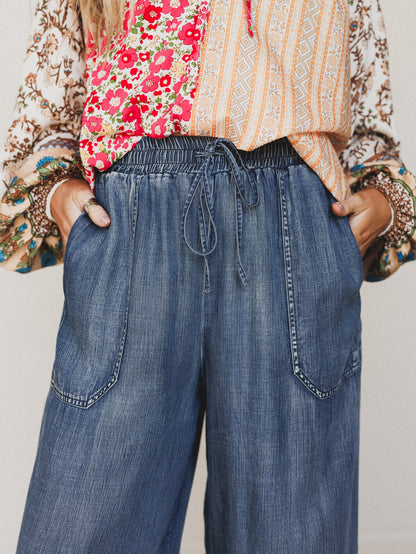 Casual Step Wide Leg Pants  - Dark Denim