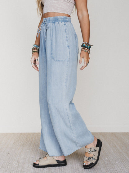 Casual Step Wide Leg Pants  - Light Denim