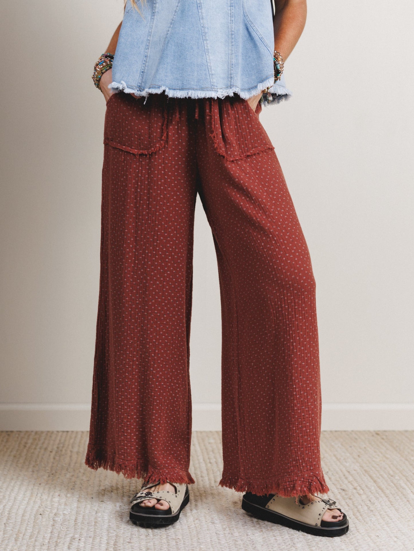 The Nest Sandra Wide Leg Ruffle Pant - Teracotta