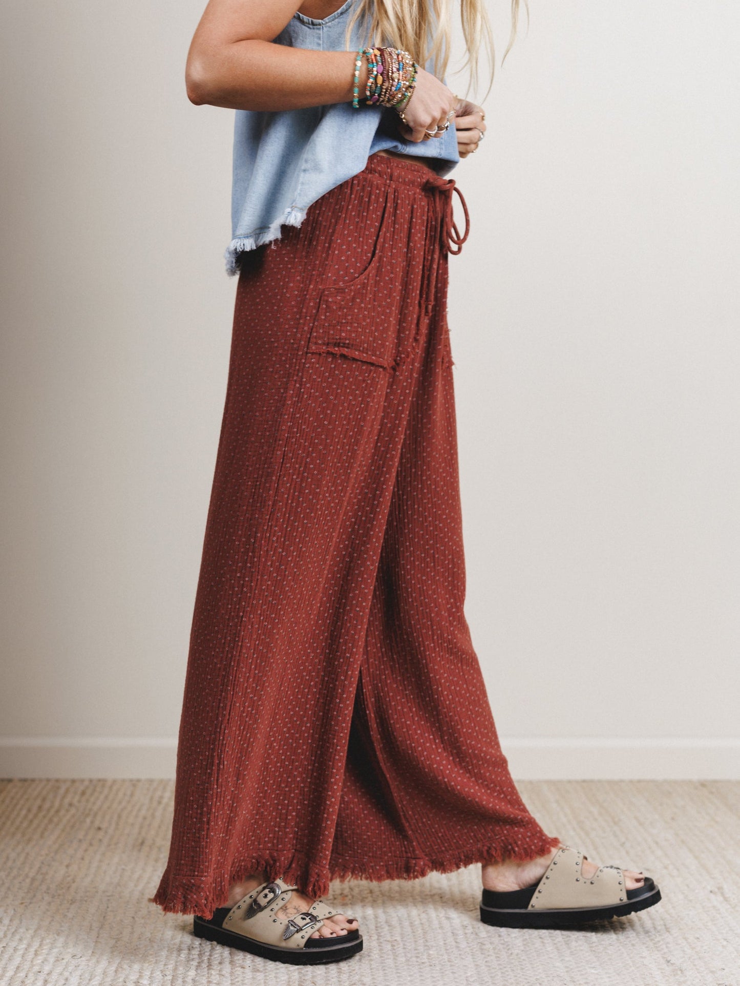 The Nest Sandra Wide Leg Ruffle Pant - Teracotta