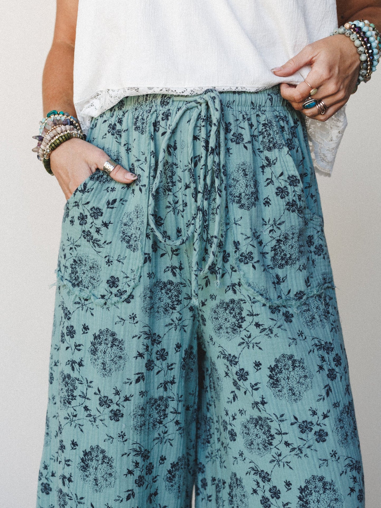 The Nest Sandra Wide Leg Ruffle Pant - Turquoise
