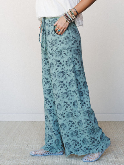 The Nest Sandra Wide Leg Ruffle Pant - Turquoise