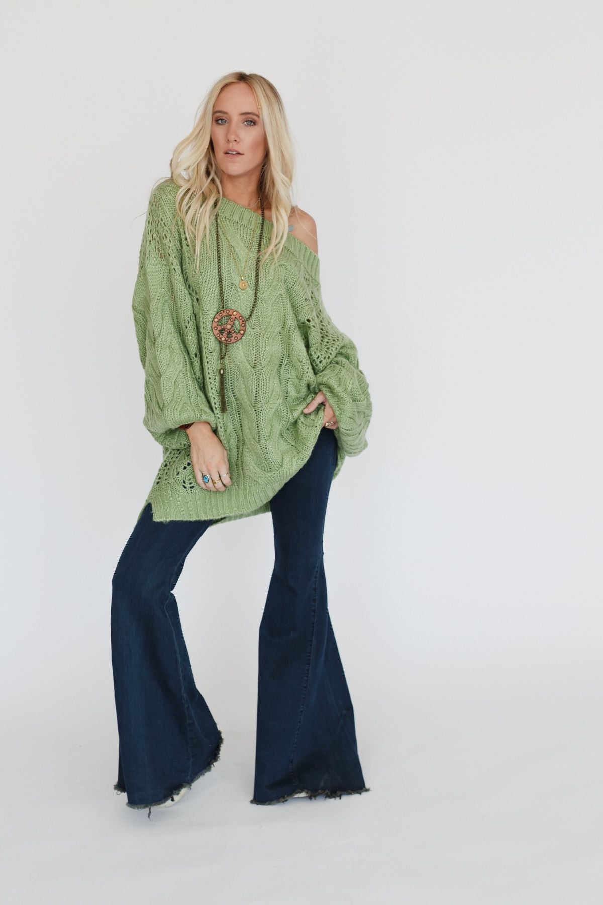 Golden Hour Bubble Sleeve Sweater Dress - Light Green