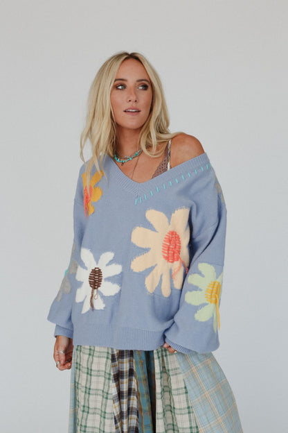 Good Mood Flower Print Sweater - Blue