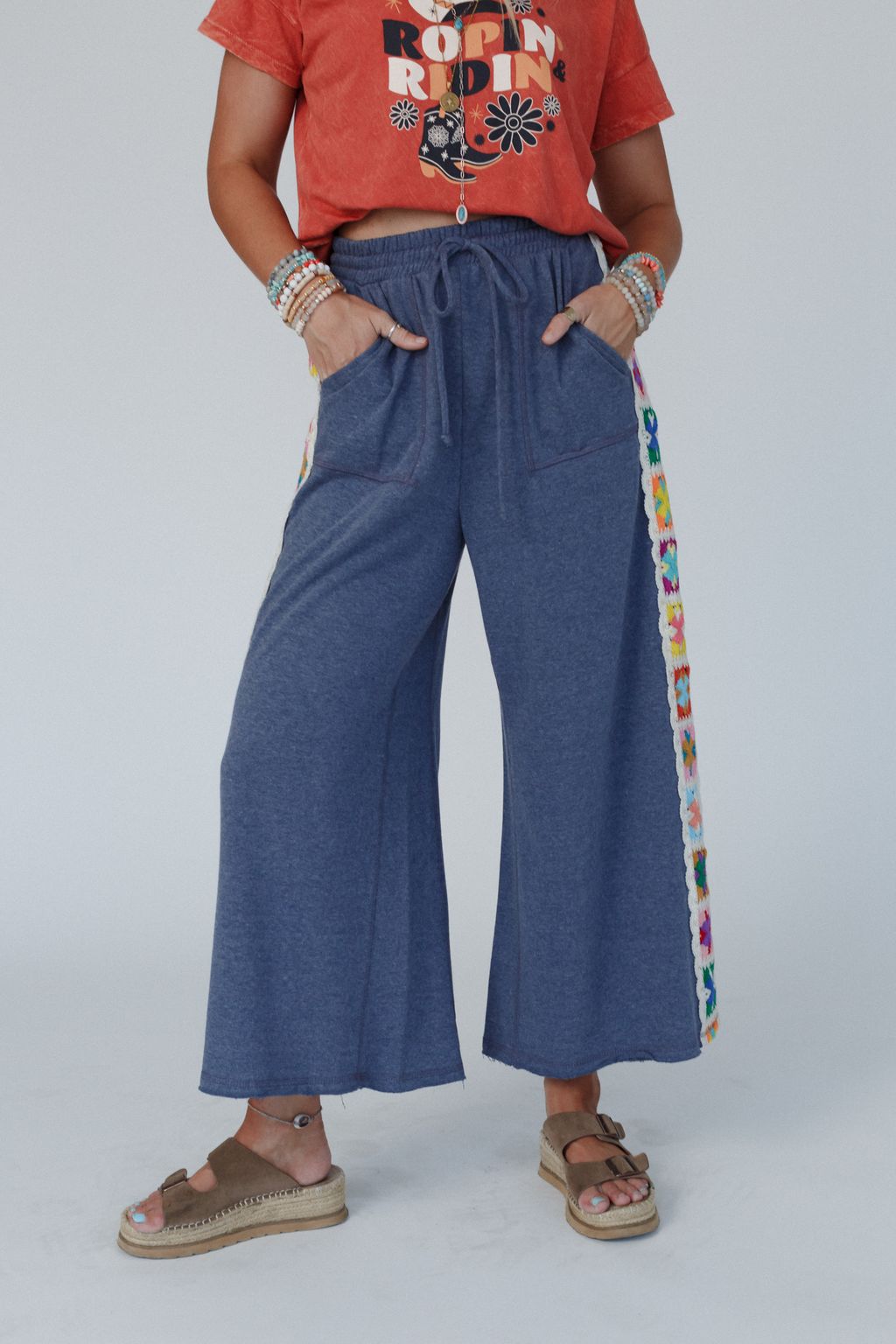 The Nest Love Seeker Crochet Panel Pants - Heather Navy