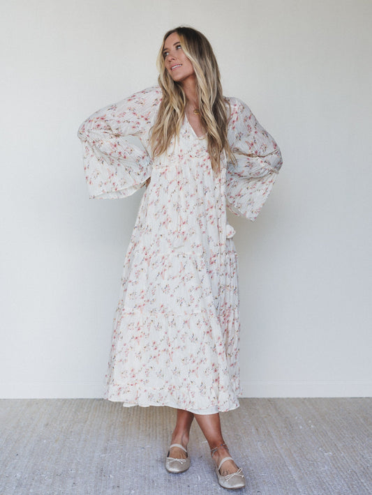 Vintage Petals Tiered Flare Maxi Dress - Cream Multi
