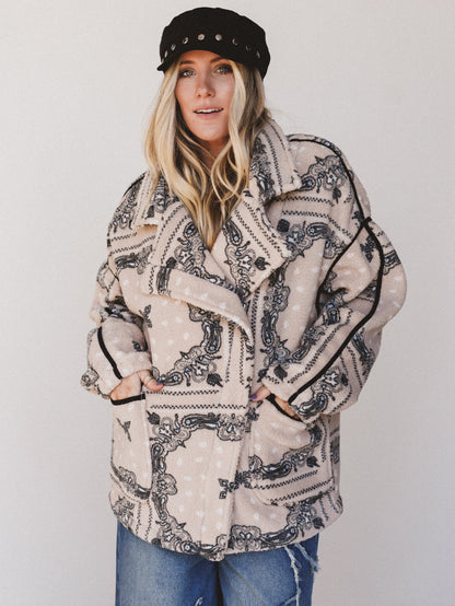 Charmed Affair Printed Fleece Jacket - Sand