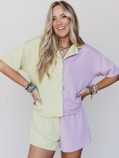 The Nest Vibes Color Block Short Set - Lime Lilac