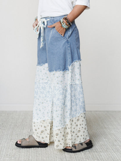 Camo Meets Plaid Wide Leg Pants - Light Denim Multi